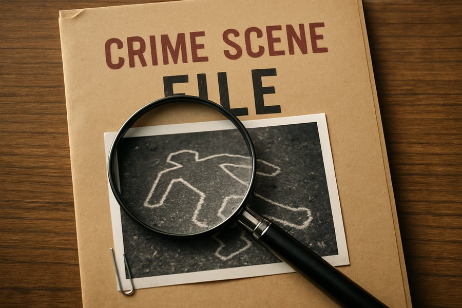 Magnifying glass over a crime scene file