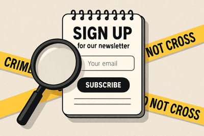 Newsletter signup illustration featuring a magnifying glass, crime scene tape, and a notepad.
