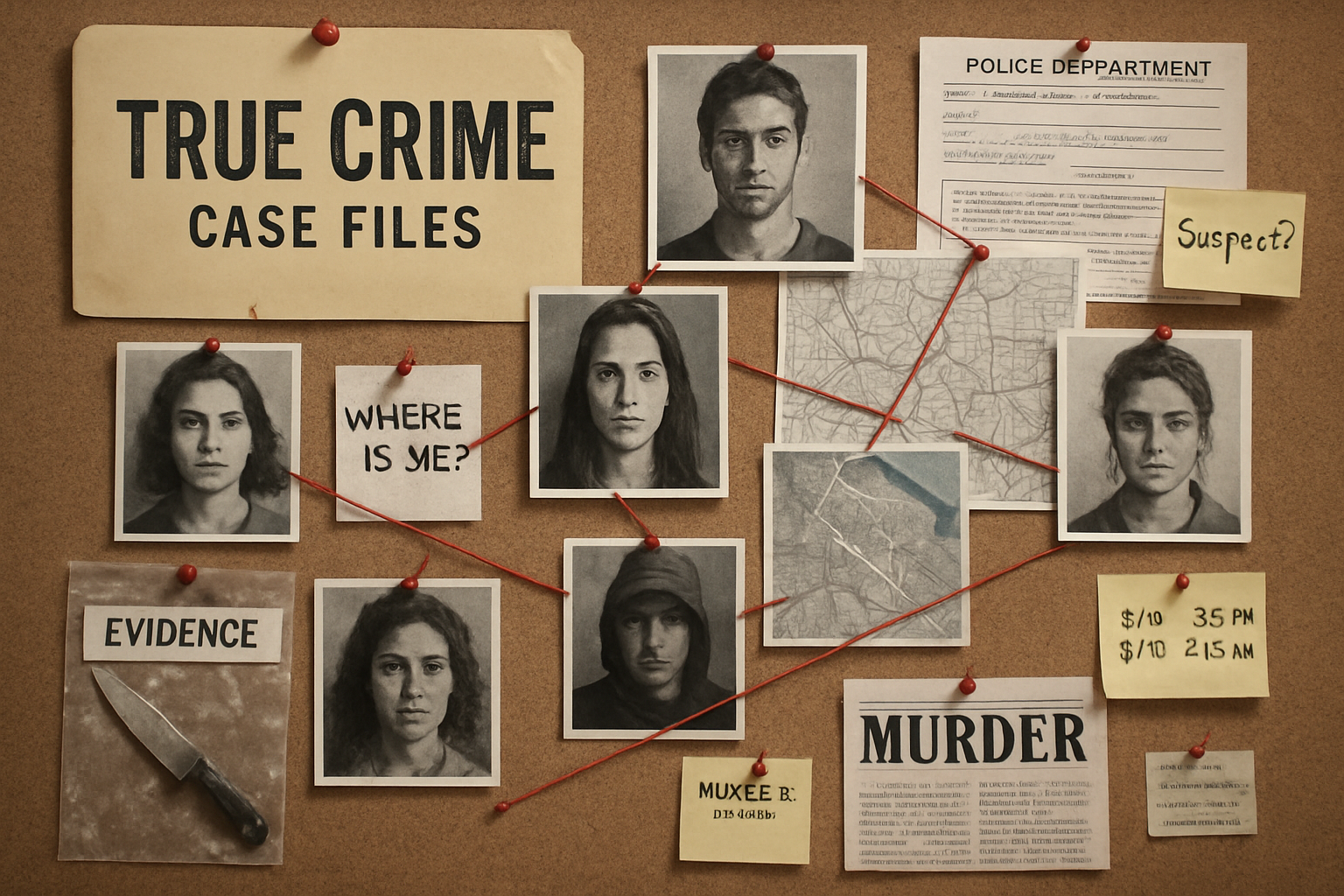True crime case files and evidence board